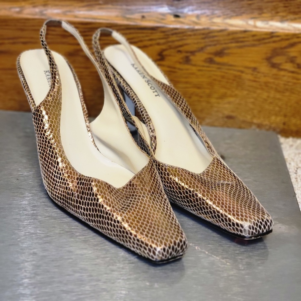 Karen Scott Mason Size 8.5 Leather Slingback Heels Shiny Pattern Gold Bronze EUC